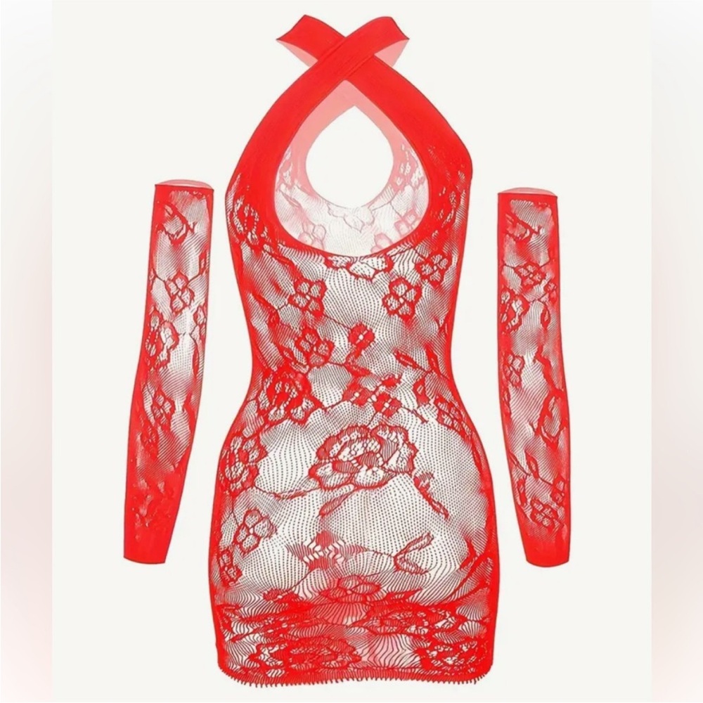 Red Lace Halter Dress with Sleeves